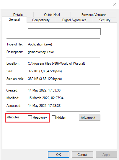 switch to the General tab and uncheck the box next to Read only next to Attributes section. Fix WOW51900309 Error in Windows 10