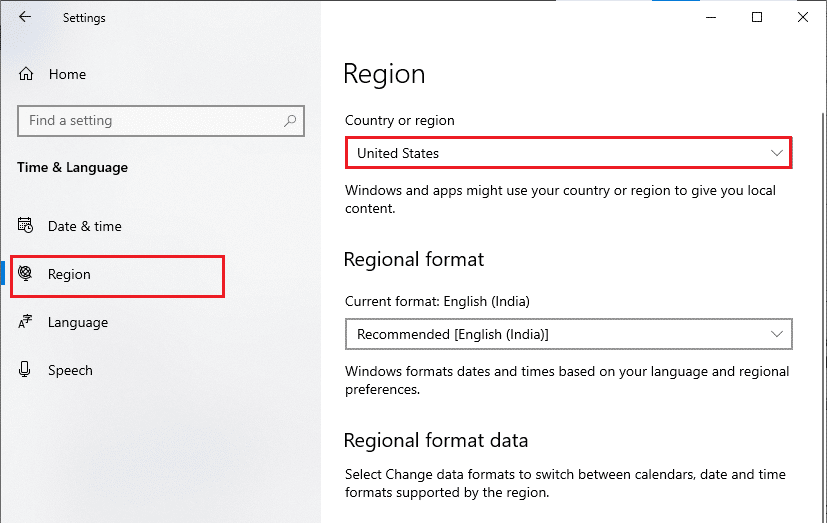 Now, switch to the Region tab in the left menu and in the Country or region option, make sure you choose United States