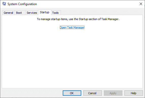 Now, switch to the Startup tab and click the link to Open Task Manager. Fix Service Error 1053 on Windows 10
