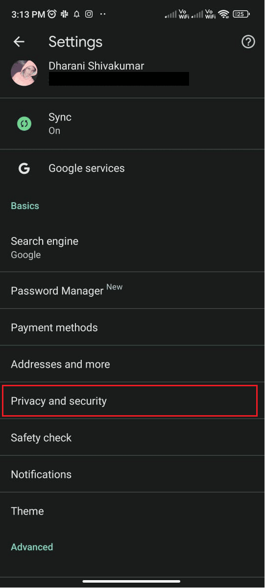 tap on Privacy and security 