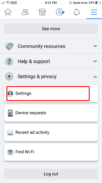  Now tap on the Settings option under the Settings & Privacy menu