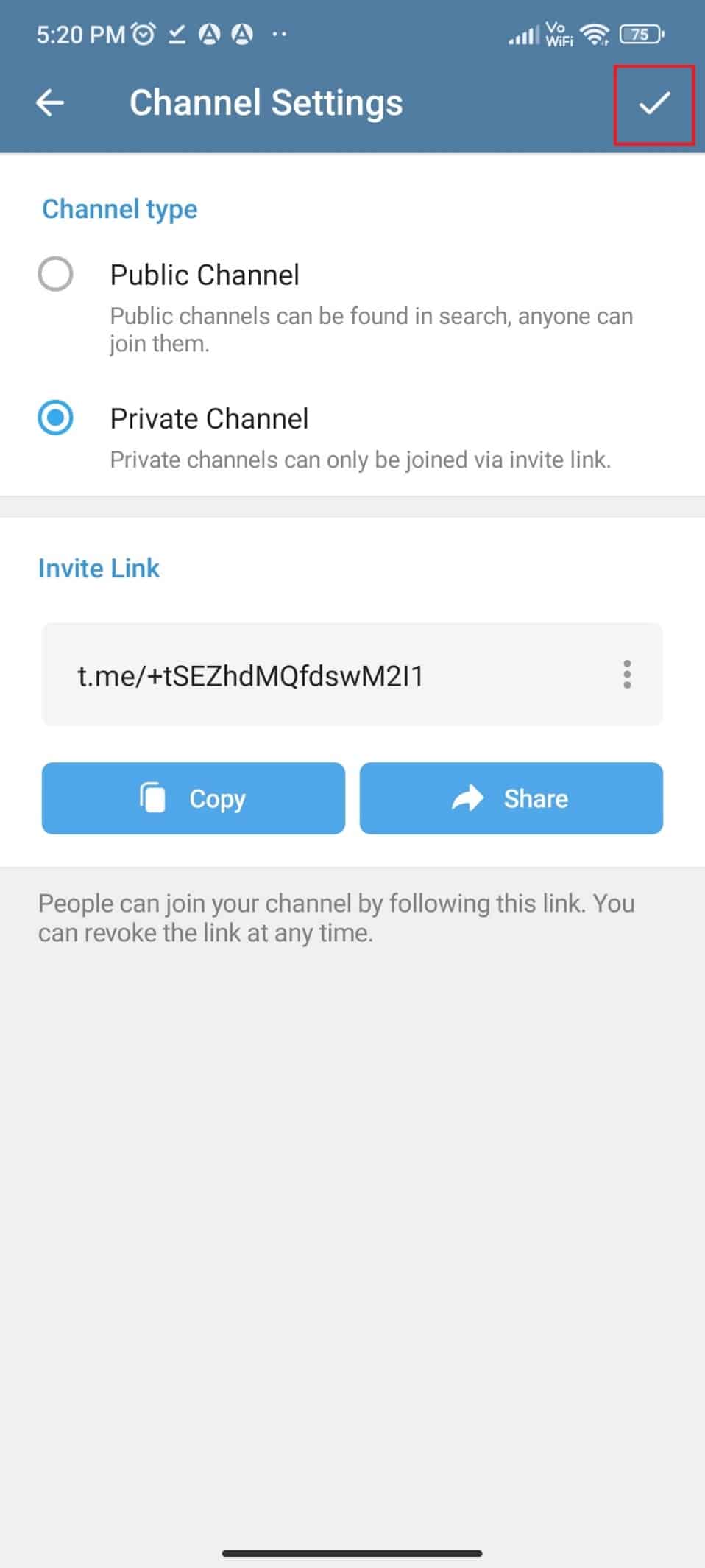 tap on the tick sign. How to Create Telegram Channel