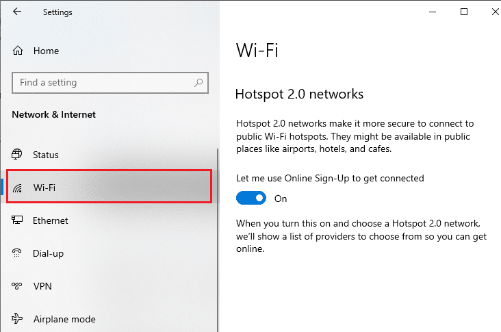 Now, the Settings window will pop up on the screen. Click on Wi-Fi in the left pane. Fix Network Connection Error 0x00028002