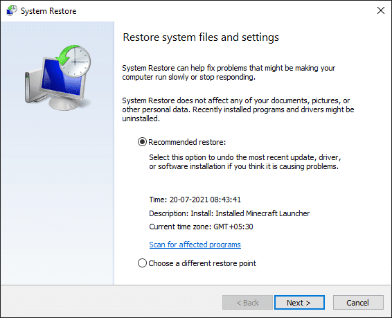 Now, the System Restore window will be popped up on the screen. Here, click on Next