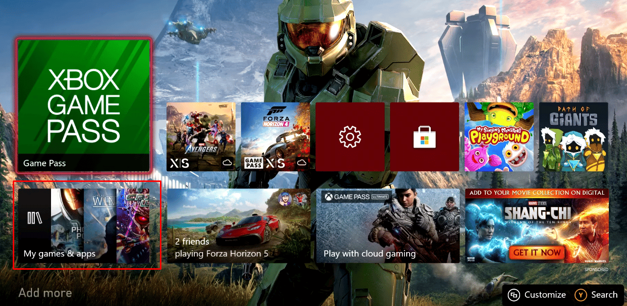 Dabar įjunkite „Xbox“ konsolę ir pagrindiniame „Xbox“ ekrane pasirinkite parinktį Mano žaidimai ir programos