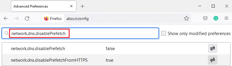 Now, type network.dns.disablePrefetch in the search bar. 