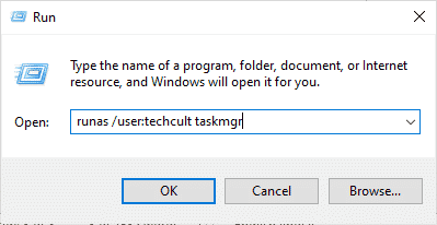 Теперь введите runas user Admin Taskmgr в диалоговом окне «Выполнить» и нажмите Enter.