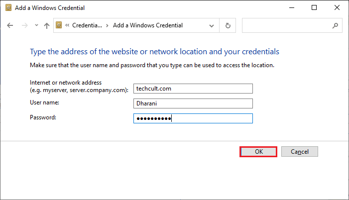 type the Internet or network address along with your Username and Password credentials and click on OK