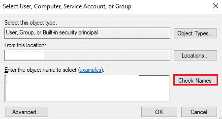 Now, type the user account name in Enter the object name to select field and select the Check Names option 