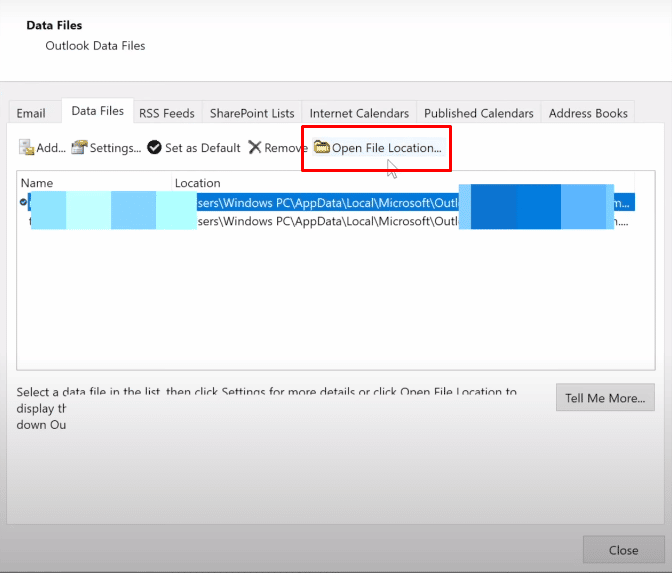 Now under the Data Files tab you have to select an email address you want your Outlook to connect to, then click on the Open File Location option. 