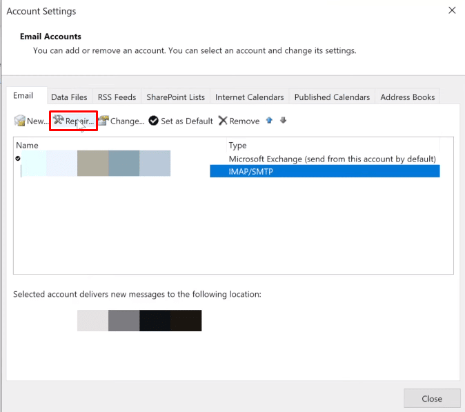 Now under the Email tab you have to select the Server you want your Outlook to connect to, then click on the Repair option. | exclamation point on your email icon