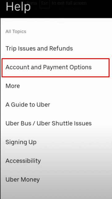  Now under the Help option menu, Tap on Account and Payment Options. 