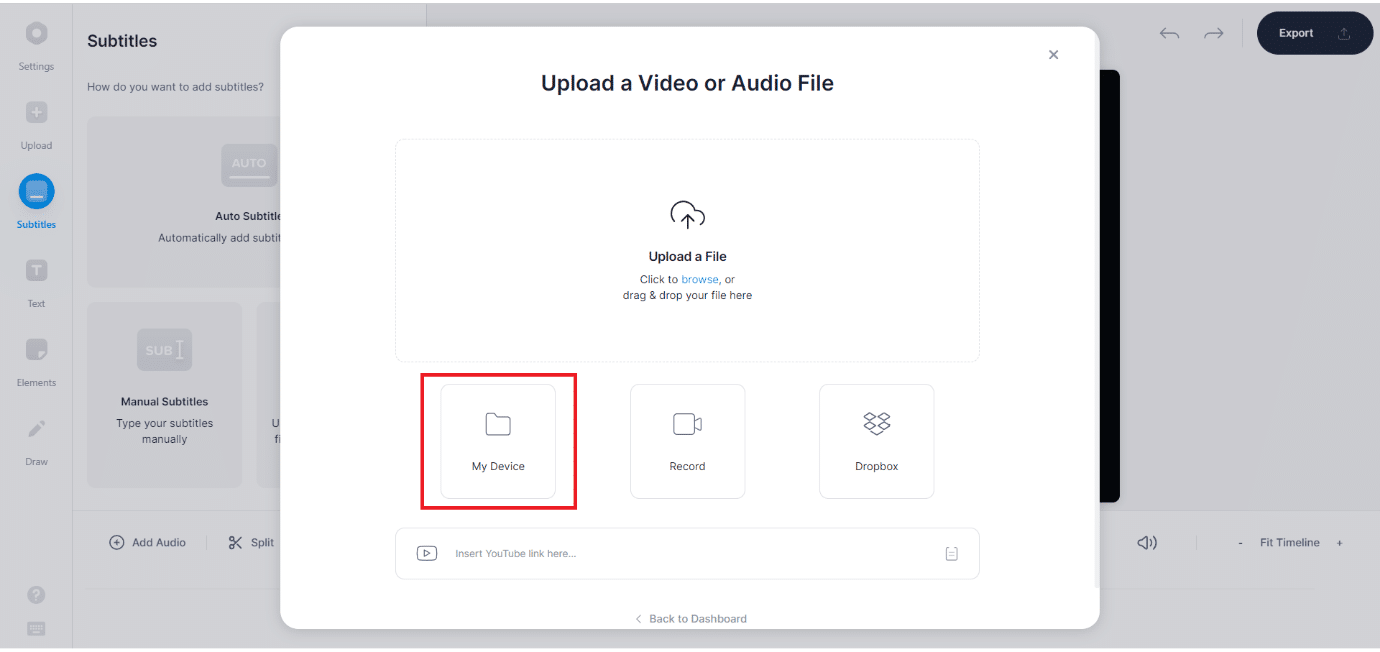 Now, upload your video file. Click on My Device option, as shown | How to Add Subtitles to a Movie Permanently
