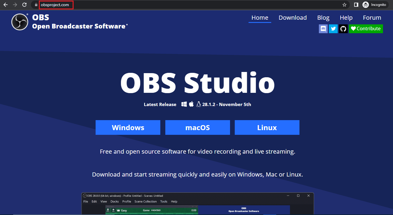 Página de inicio de OBS Studio
