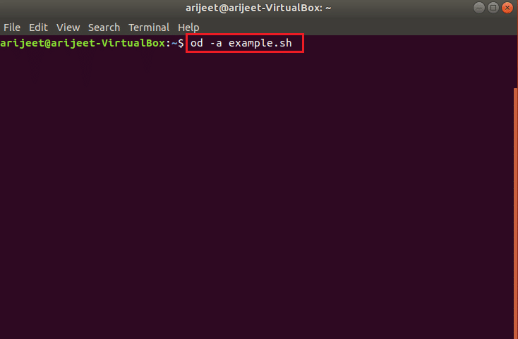 od a example.sh command in linux terminal