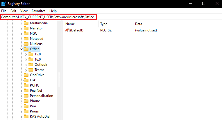 office key folder in registry editor