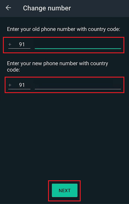 old phone number - new phone number with country code - NEXT