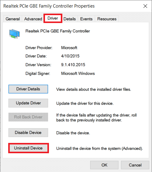 On the Driver tab, click on Uninstall Device. Confirm your action in the pop up. Fix Computers Not Showing Up on Network in Windows 10