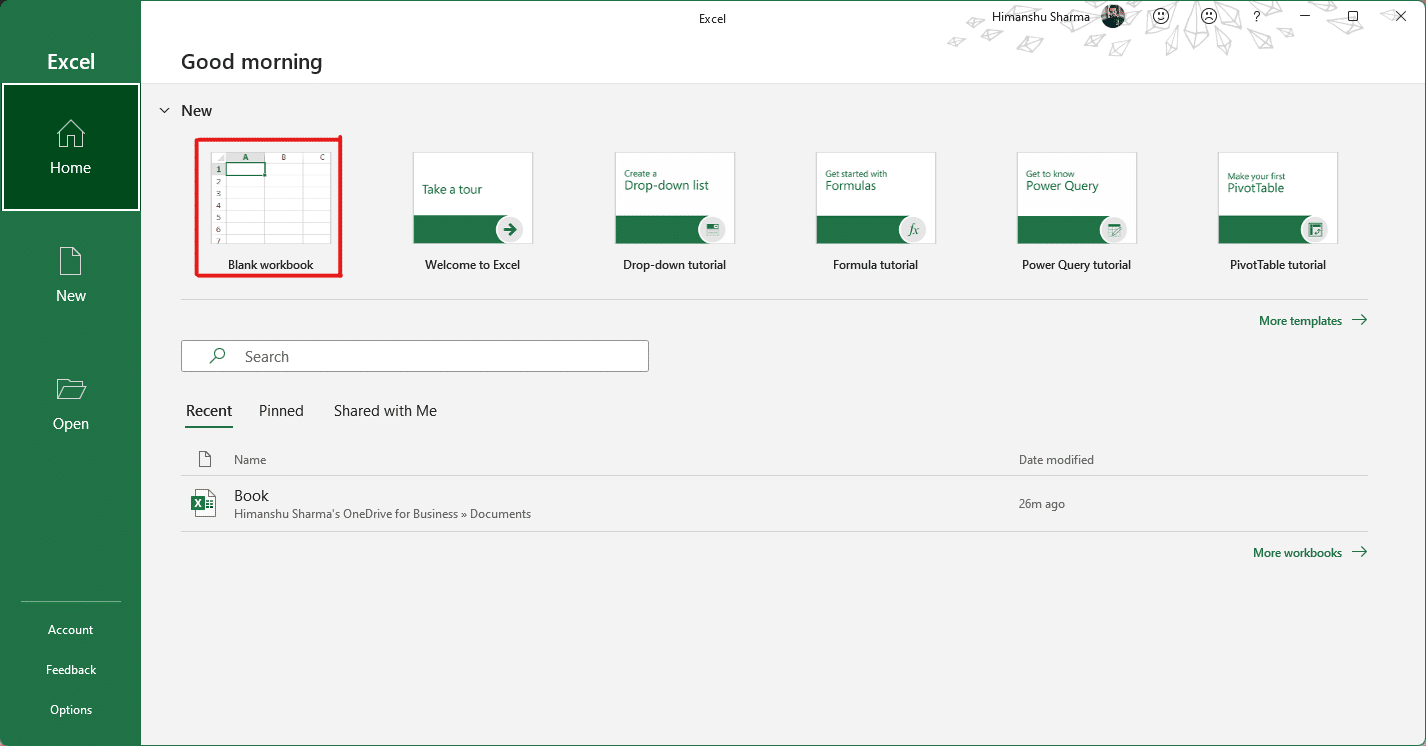 In the Excel window, click on the Blank workbook option under the New.