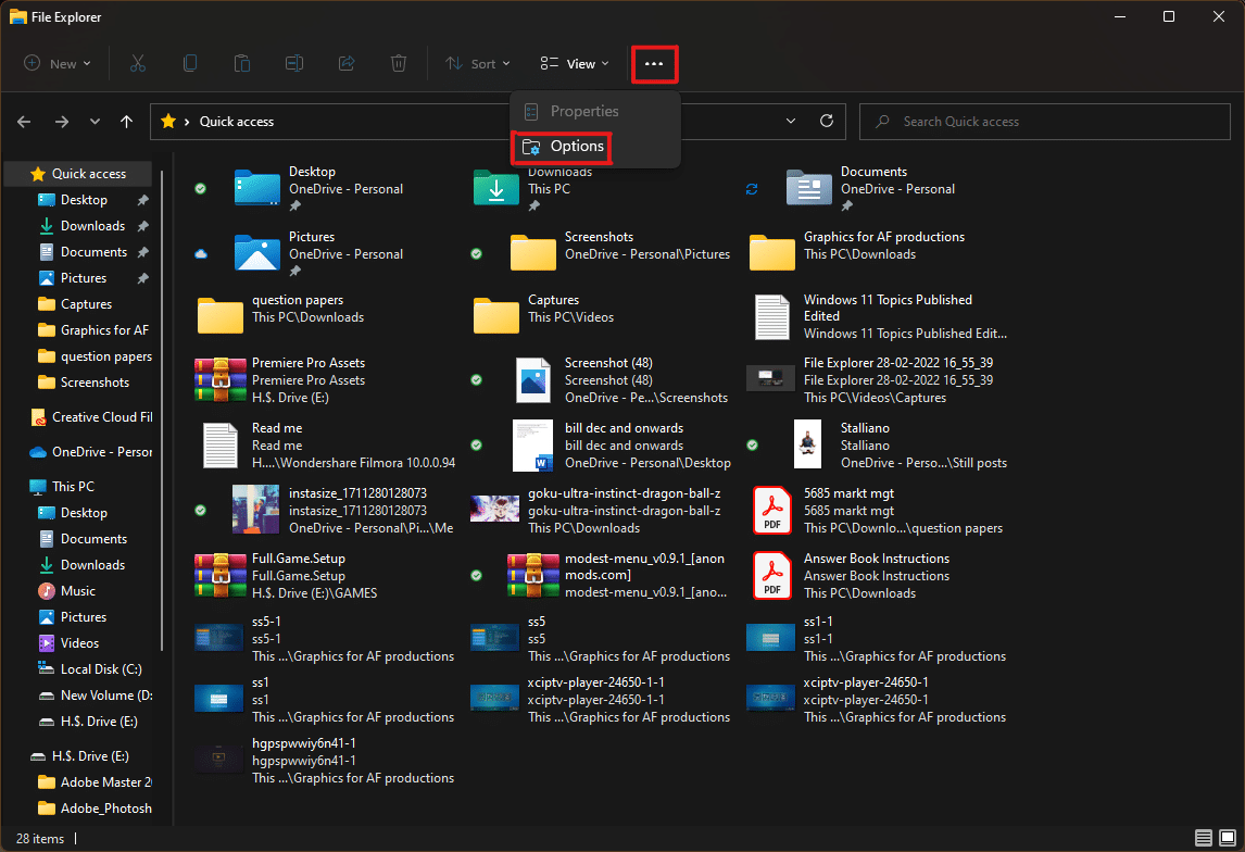 In the File Explorer window, click on the Three dotted icon then Options as depicted.
