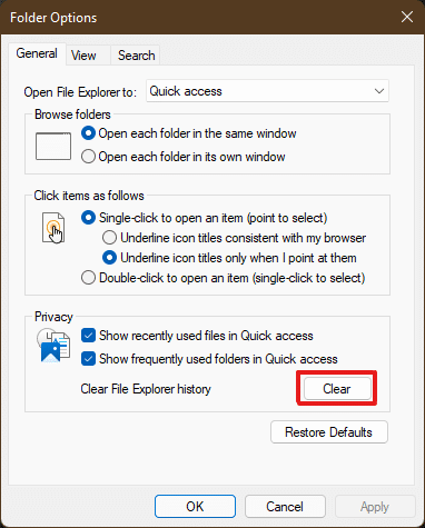click on Clear under the Privacy section | How to Clear Cache in Windows 11 | cache memory deleting