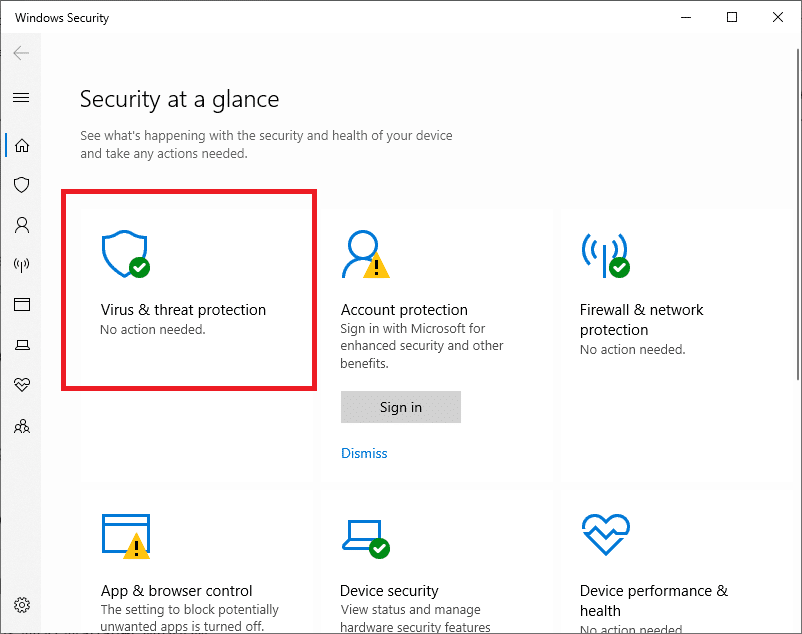 В левой части окна «Безопасность Windows» нажмите кнопку «Защита от вирусов и угроз».
