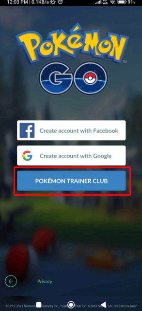 On the login screen you have to tap on the Pokemon Trainer Club option.