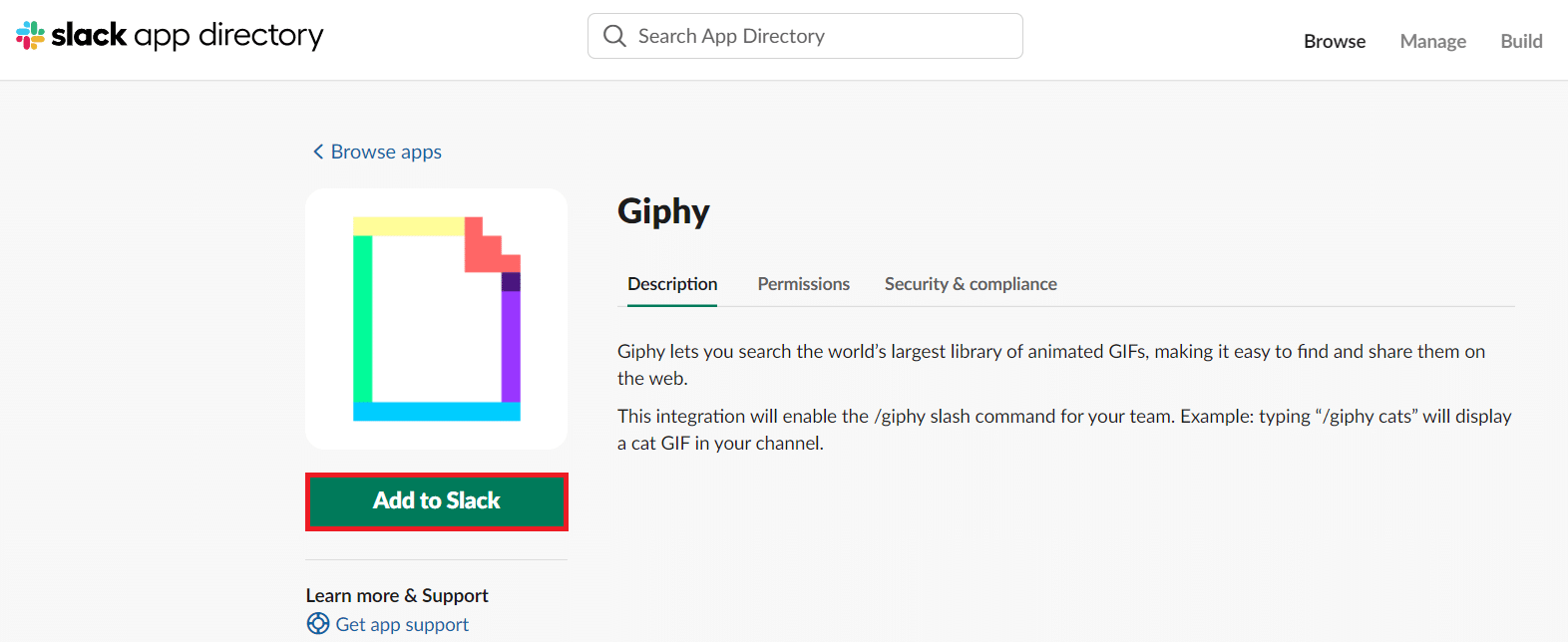 On the new Giphy app page, click Add to Slack
