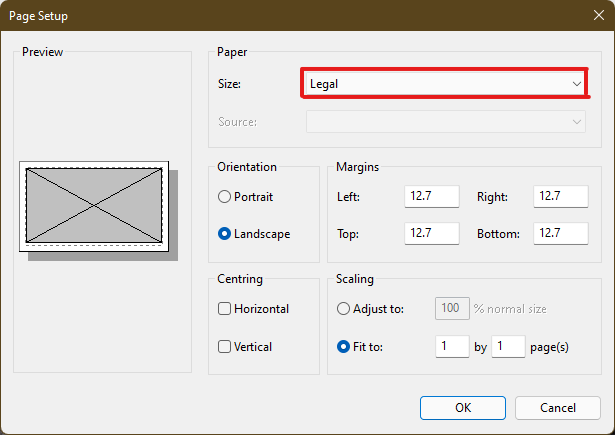In the Page Setup window, choose your desired paper size from the Size: drop-down menu option.