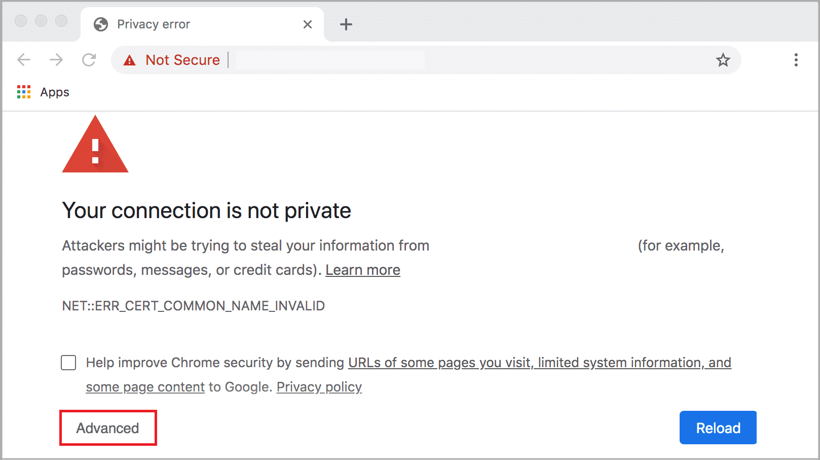 Na páxina de erro de privacidade, faga clic no botón Avanzado. como desbloquear sitios en Google