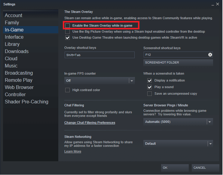On the right pane, uncheck the box next to Enable the Steam Overlay while in game to disable the feature. 