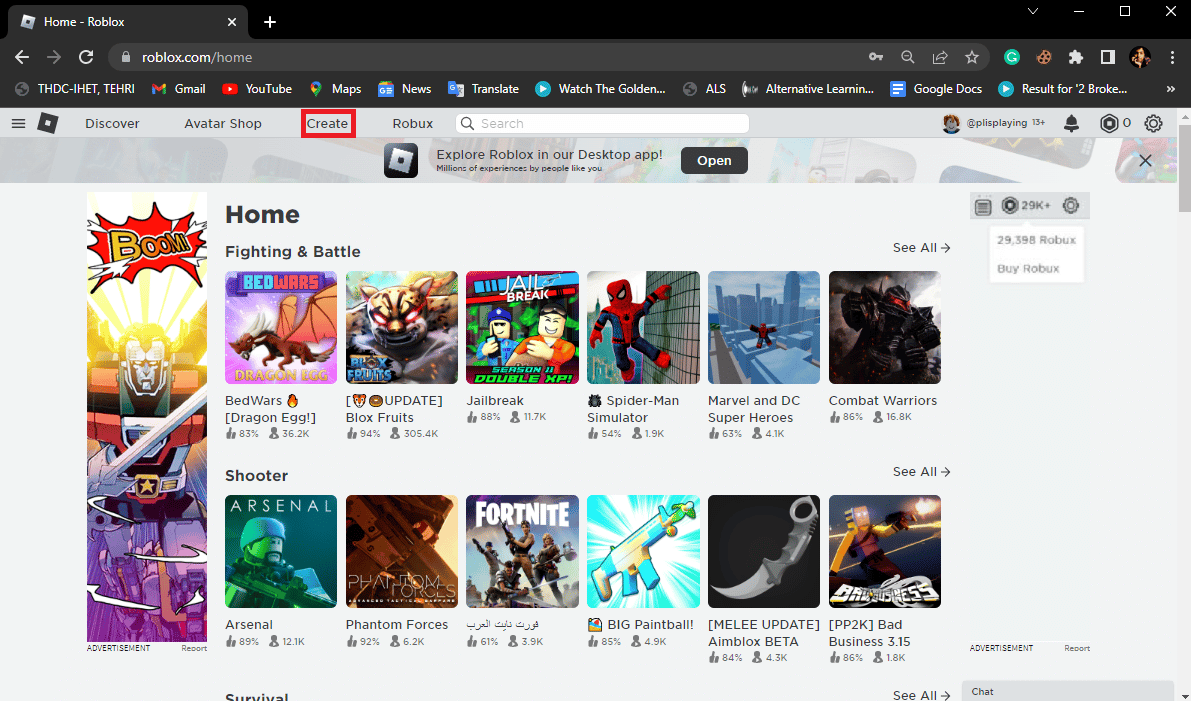 On the Roblox homepage click on the Create option