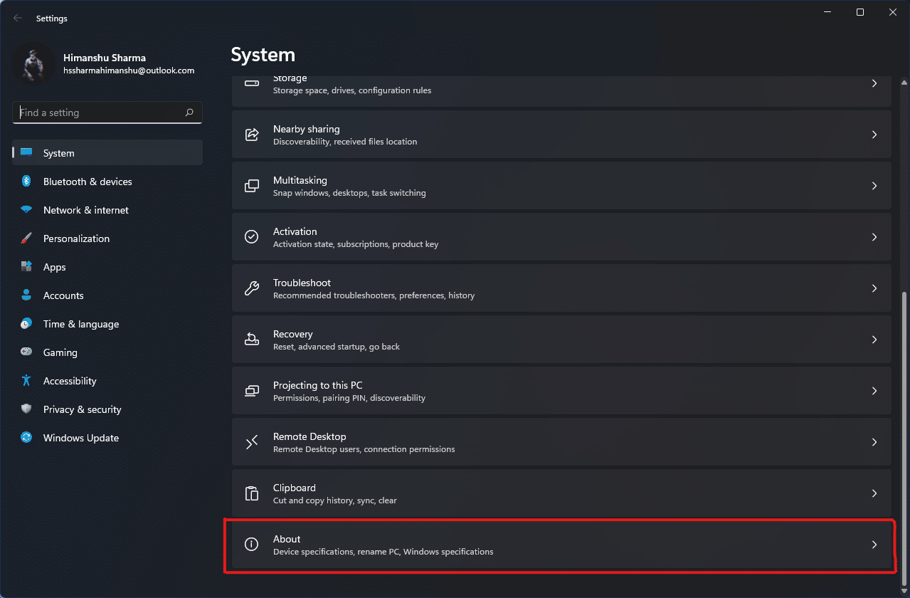 On the Settings window, scroll down to find and click the About option