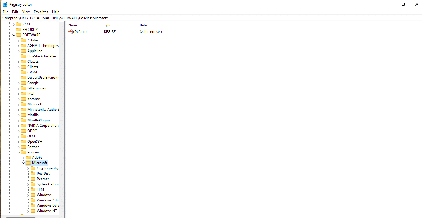 On the top pane of the Registry Editor window, type the path ComputerHKEY_LOCAL_MACHINESOFTWAREPoliciesMicrosoft in the address bar