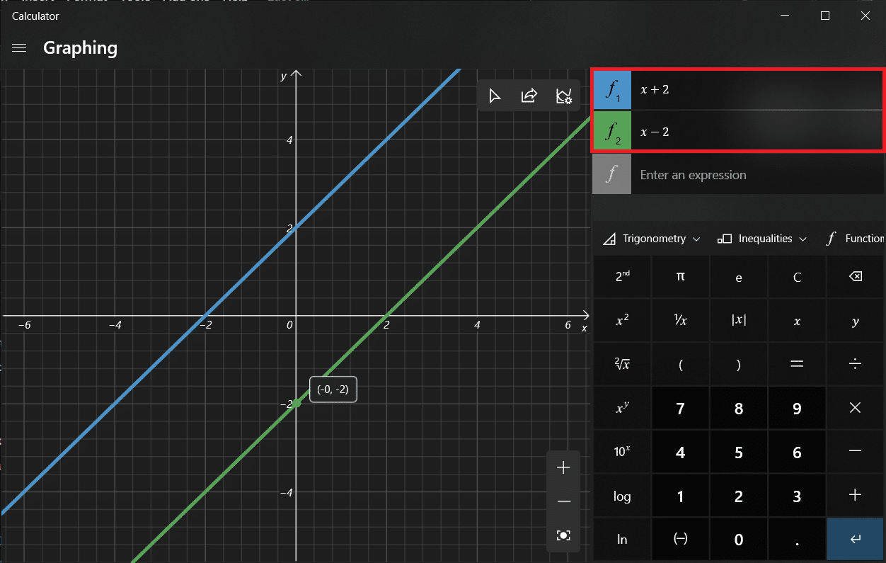Na zgornji desni strani lahko vnesete enačbo, za katero želite izrisati graf. Ko vnesete enačbo, pritisnite tipko Enter na tipkovnici, da jo narišete. Kako omogočiti grafični način kalkulatorja v sistemu Windows 10