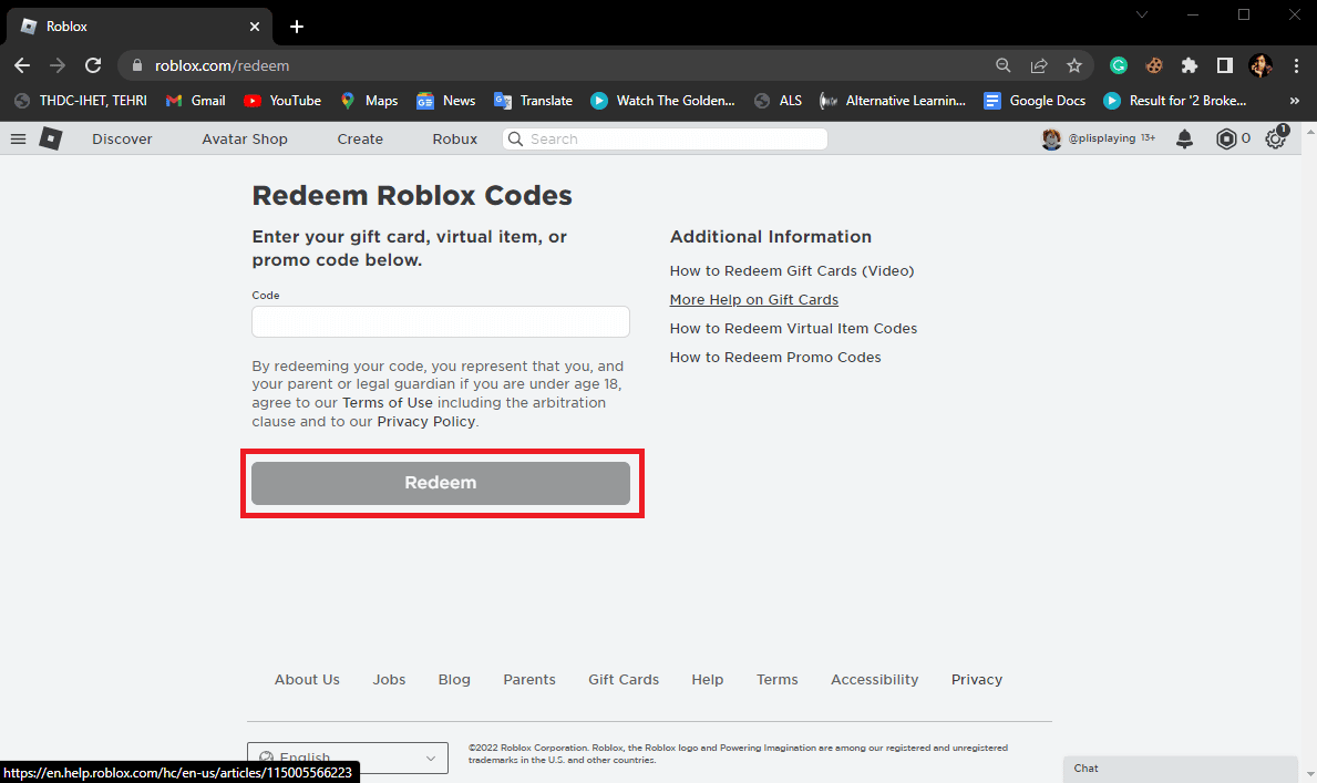 enter the Redeem code and click on the Redeem button