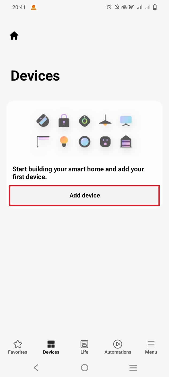 Assim que a seção Dispositivos abrir, toque em Adicionar dispositivo para adicionar seu dispositivo.
