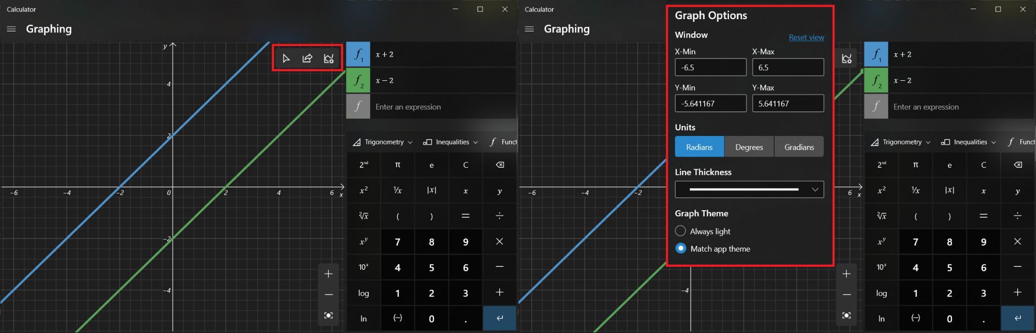 Once the equations are mapped, three new options become active at the top right side of the graph Window. The first option lets you trace the plotted lines using the mouse or keyboard, the next one is to share the graph via mail and the last one allows you to customize the graph. You can change the minimum and maximum values of X and Y, switch between different units like degrees, radians, and gradians, adjust the line thickness and graph theme. How to Enable Calculator Graphing Mode in Windows 10