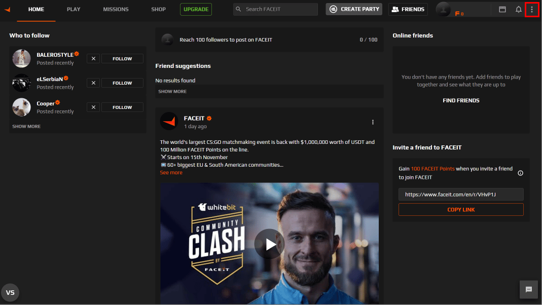 Once you are into your faceit account, then click on the three vertical dot icon at the top-right.