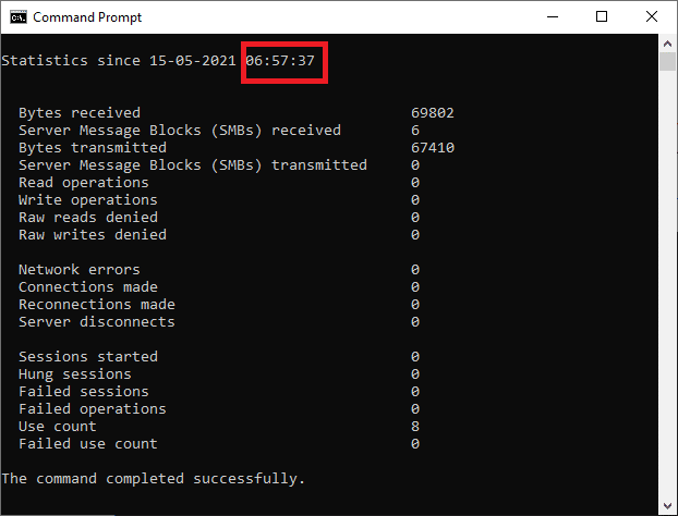 Once you click Enter, you can see some data displayed on the screen and your required Windows 10 Uptime will be displayed at the top of the listed data as follows.