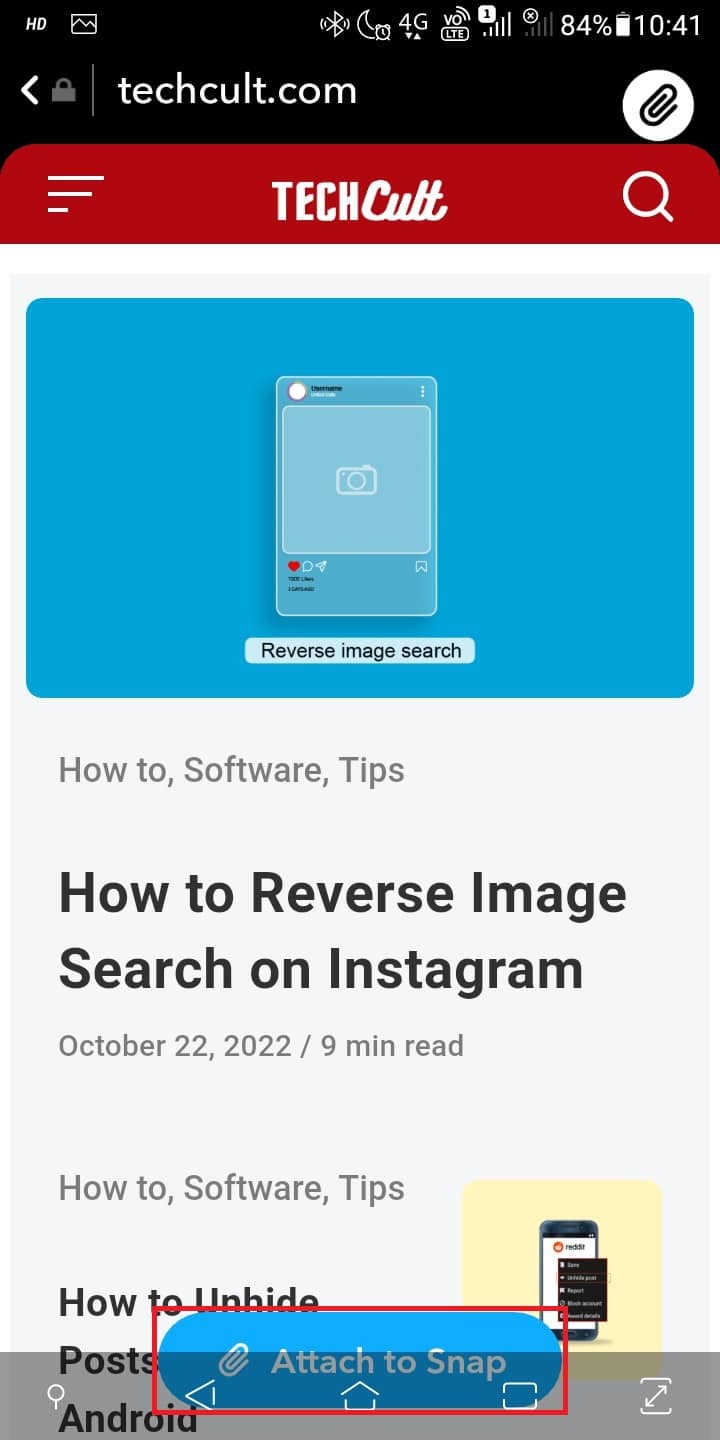 Once you type the link and tap on search button or the magnifying glass on your Google keyboard, the webpage will open. Tap on Attach to Snap and the link will be added to your story. 