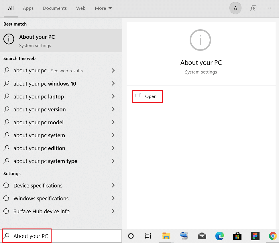 open About your PC windows from Windows Search bar