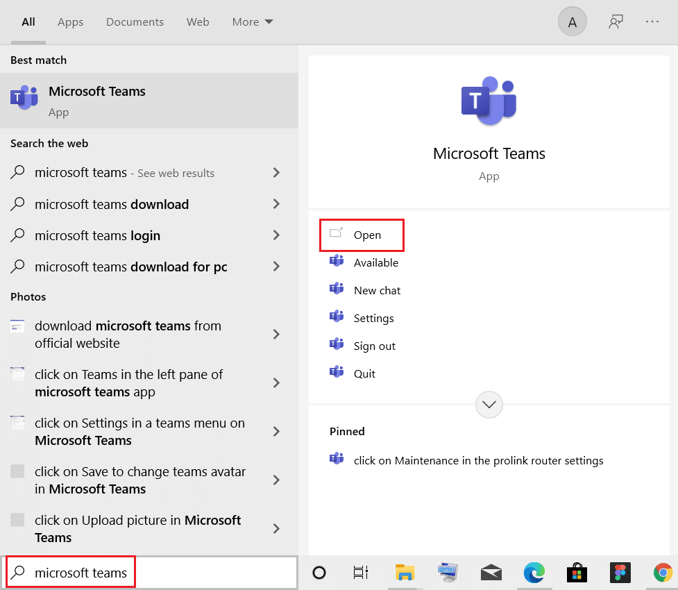 open Microsoft Teams from windows search bar
