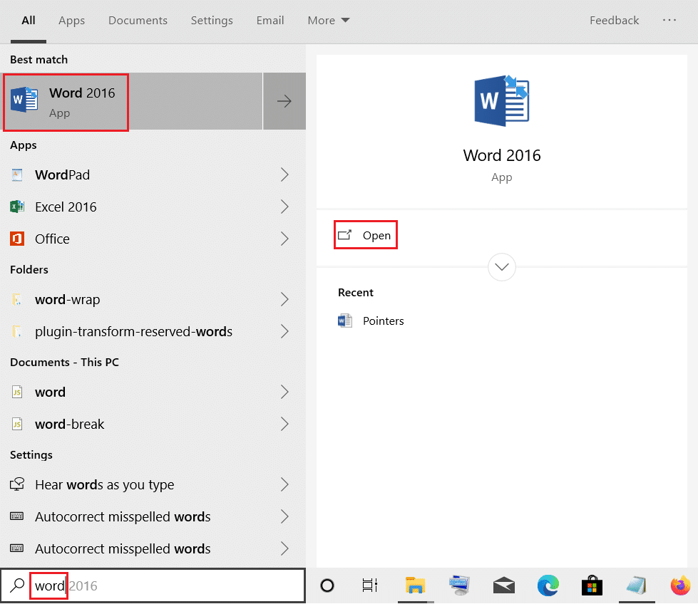 open Microsoft word from windows search bar