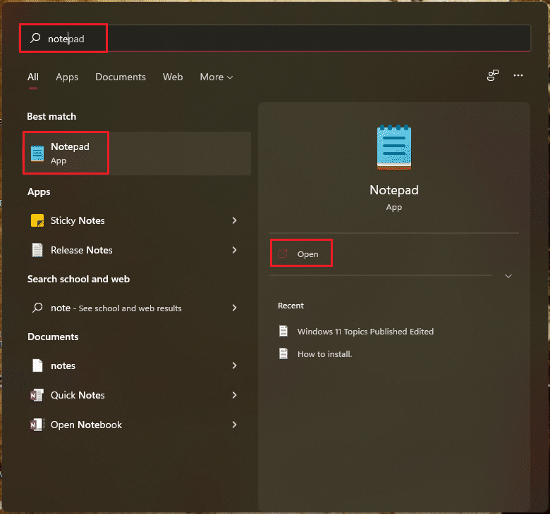 open Notepad from windows 11 search menu