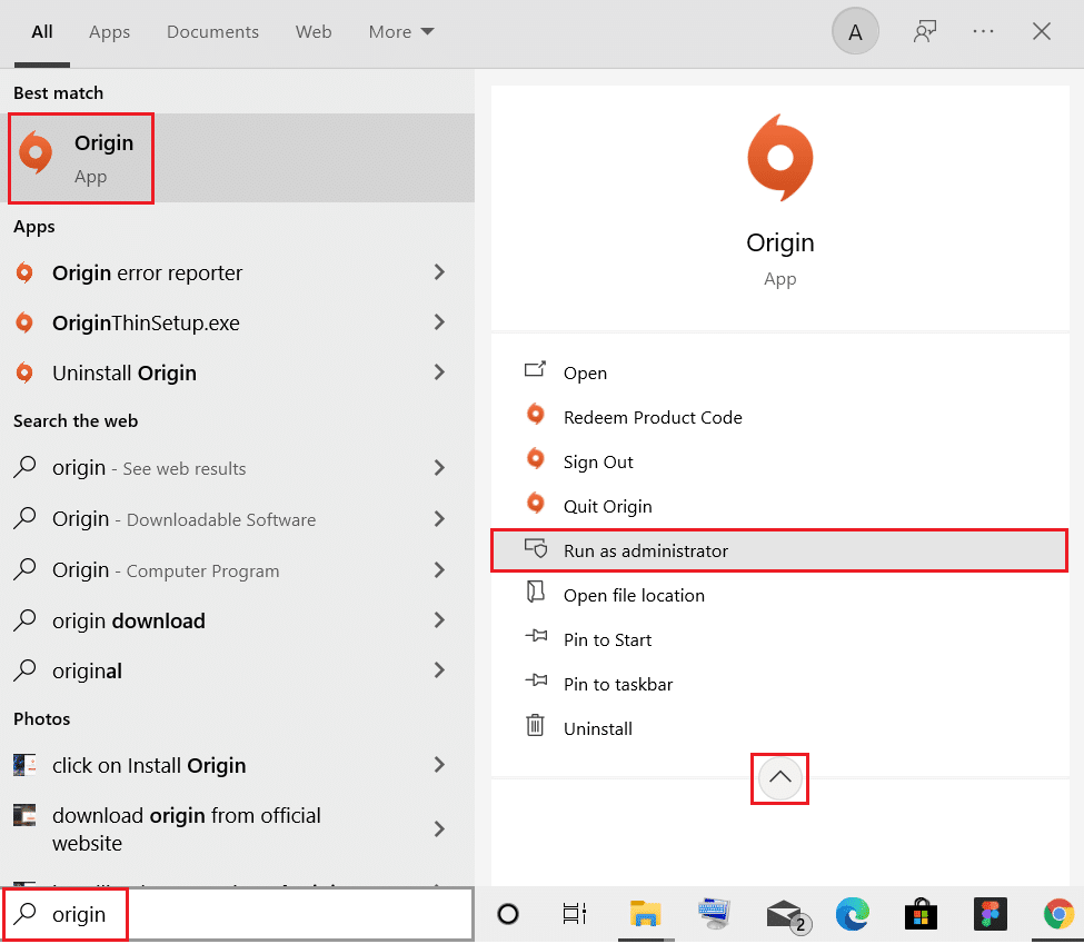 open Origin app as administrator from Windows search bar
