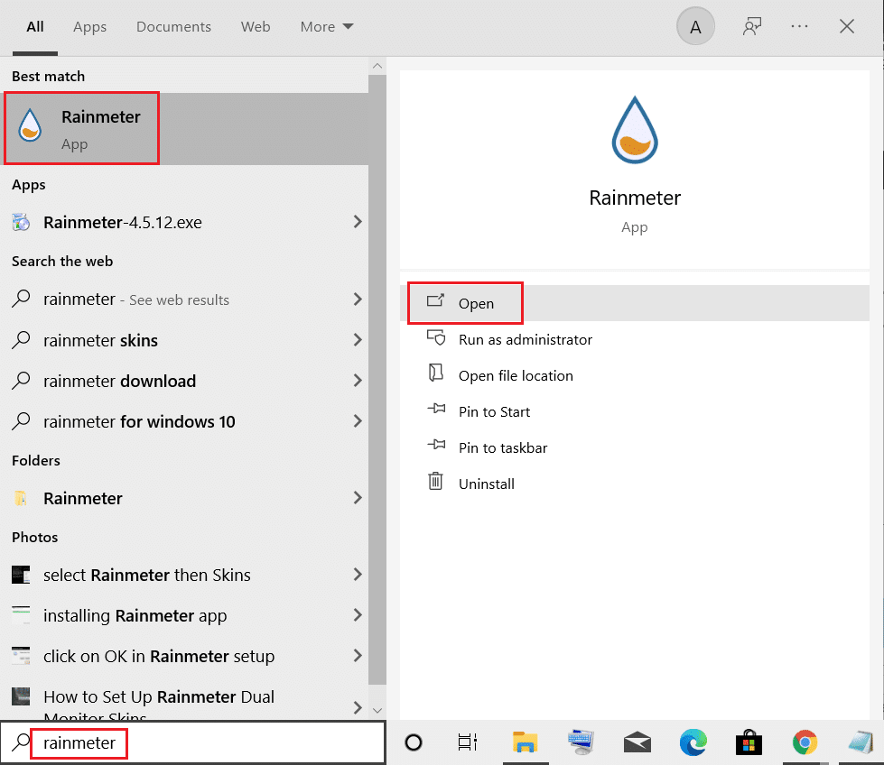 abra Rainmeter desde la barra de búsqueda de Windows