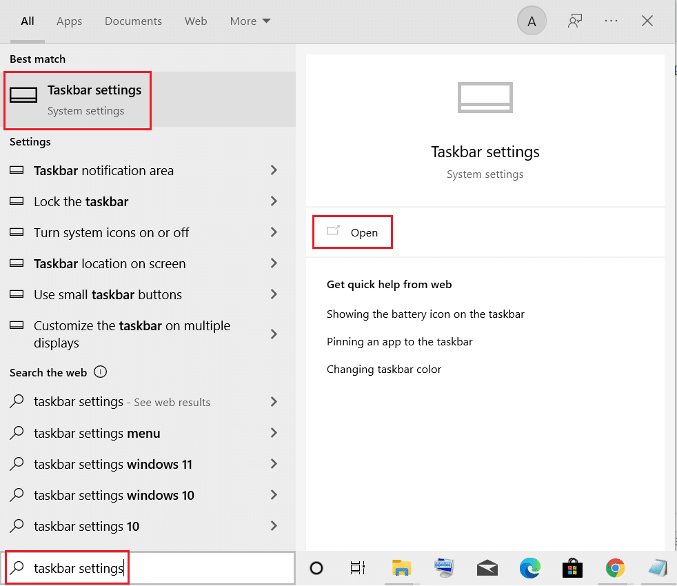 open Taskbar settings from windows search menu