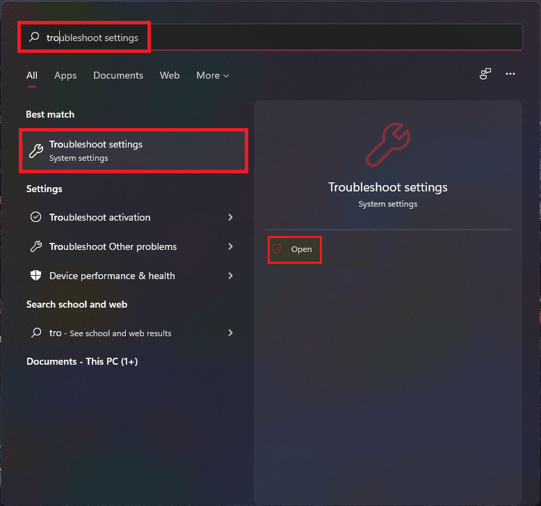 open Troubleshoot settings from Windows 11 search menu