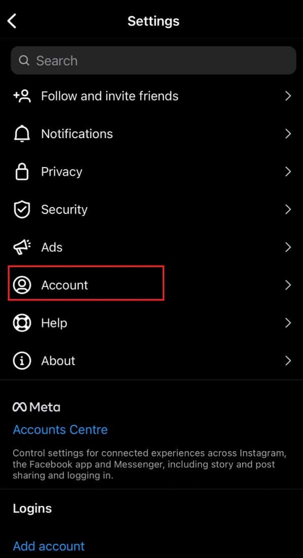 Tap account option in settings